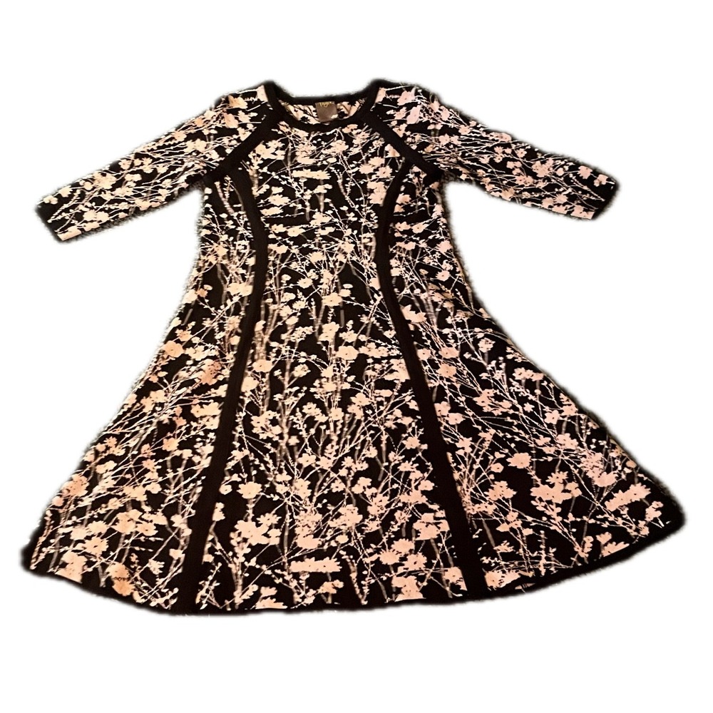 Taylor Floral Knit Fit and Flare Dress Black Pink Long Sleeve Jacquard 10